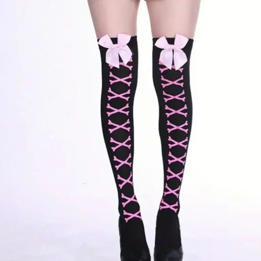 Black Bow Stockings Crossed Bones Choose Red/Pink Coquette Lolita Valentine's